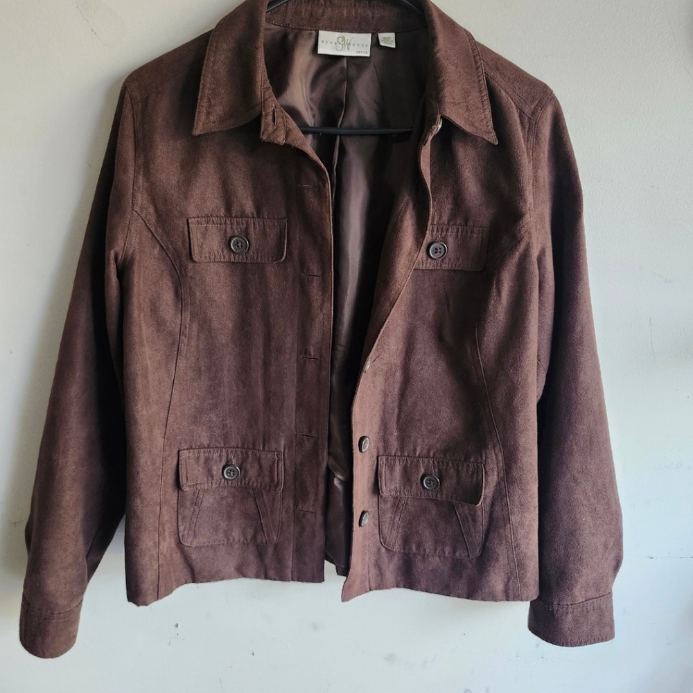 Womens Studio Works Petite Brown Suede-like Button-Up Jacket Size 10P